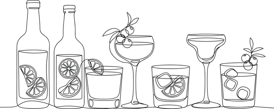 Continuous line art illustration of cocktail glasses, bottles, citrus slices, and barware for elegant beverage design