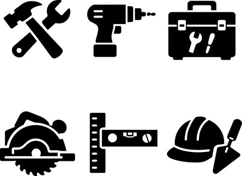 Construction tools and equipment silhouette icon set
