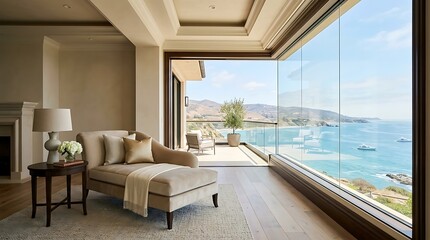 Fototapeta premium Luxury living room with stunning ocean view and balcony access, featuring modern comfort and serene coastal landscape.