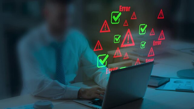 Businessman working on laptop with digital error warnings and check marks, cybersecurity risk concept, system failure alerts, data protection, software debugging, IT troubleshooting, technology issues