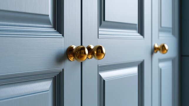Elegant light blue paneled cabinet doors featuring polished gold round knobs in a modern interior
