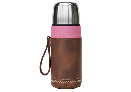 Pink and silver insulated water bottle with brown leather sleeve and strap