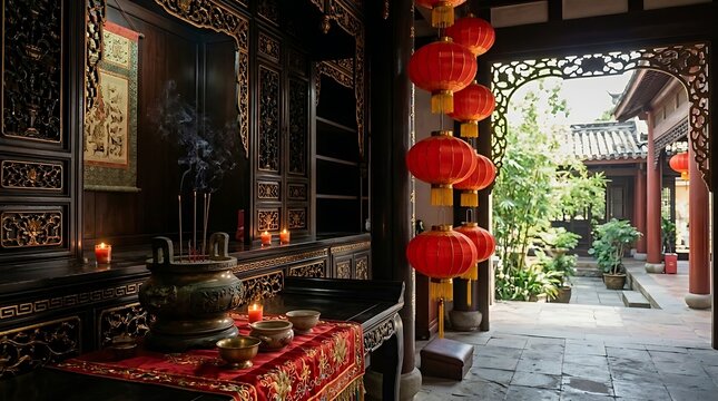 Traditional Chinese temple interior with red lanterns incense and intricate carvings creating a spiritual and cultural atmosphere