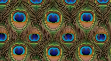 Obraz premium A seamless pattern displays a dense arrangement of vibrant peacock feathers. The feathers exhibit a rich color palette of emerald green, golden brown, deep blue, and iridescent turquoise.