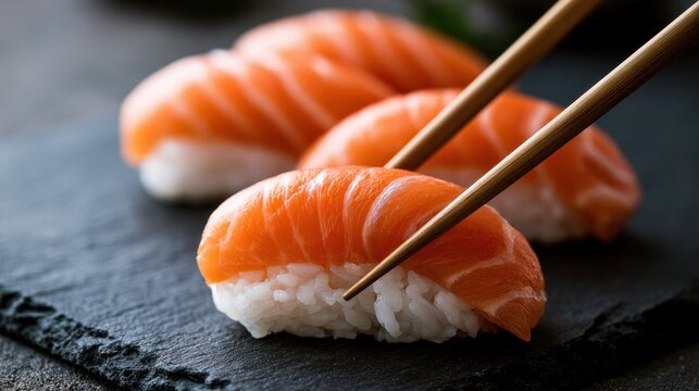 Fresh salmon nigiri sushi with chopsticks on a dark slate stone platter