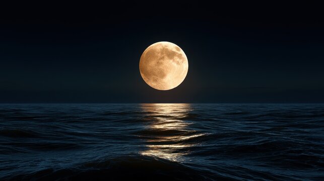Golden full moon rising over dark ocean waves at night with glowing reflection on the sea surface