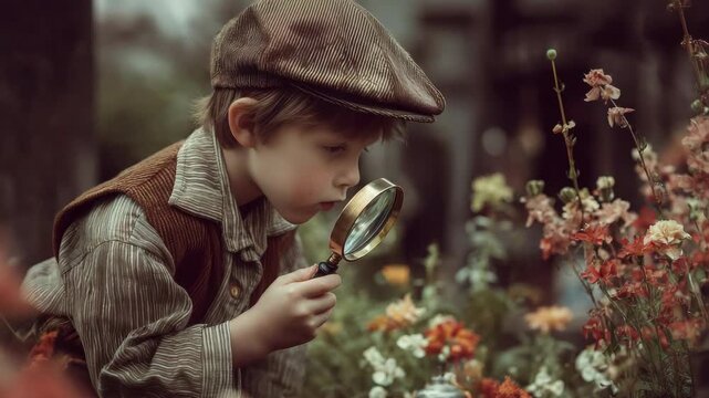 Young boy in vintage clothing examines flowers with a magnifying glass