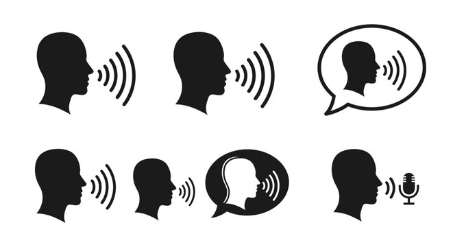Black silhouette icons of people communicating.