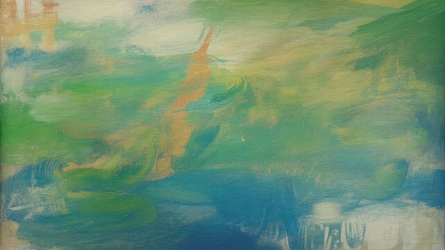 Abstract impressionist painting with soft green and blue brushstrokes and a vertical orange streak on canvas