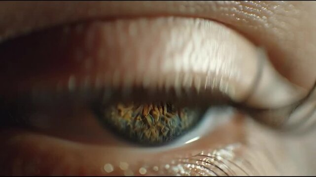 Close-up macro shot revealing the intricate details and vibrant colors of a human eye, emphasizing the unique patterns of the iris and the subtle textures of skin and lashes