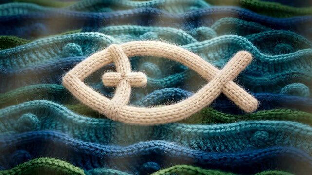 Knitted christian fish symbol resting on textured blue waves. Handmade wool craft depicting biblical faith. Religious spiritual emblem for church easter season.