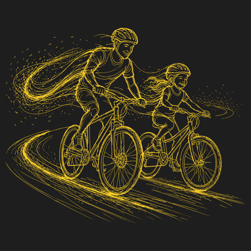 Father and Daughter Riding Bicycles Together Golden Neon Illustration, Father's Day Active Lifestyle Bonding Concept, Cycling Family Art