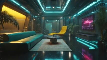 Obraz premium Interior of a vibrant cyberpunk lounge with glowing accents and unique interior design