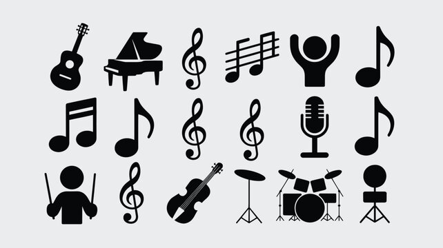Set of 20 Black Music and Instrument Icons Vector