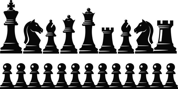 Black silhouette illustration set of complete chess pieces including king, queen, bishops, knights, rooks, and pawns arranged in rows