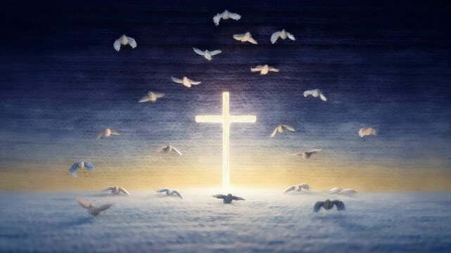 Luminous Christian cross glowing in starry sky with flying doves. Religious spiritual scene featuring horizon light and bird flock in abstract knitted handcraft.