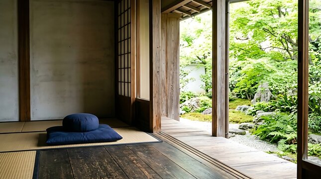 Serene Japanese room with tatami mats and a zabuton cushion opens to a tranquil moss garden with lush green trees and rocks