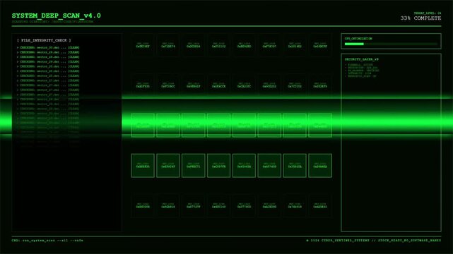 Futuristic System Deep Scan HUD with Green Digital File Integrity Check Interface and Cyber Security CPU Optimization Monitoring Analytics Screen.