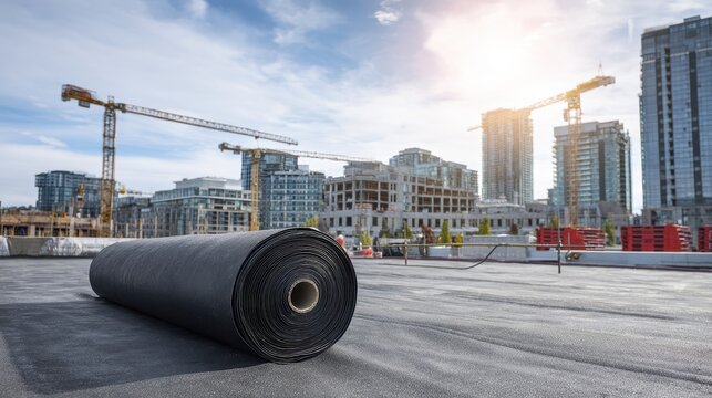Roofing material roll on a construction site with cranes in the background