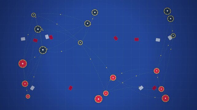 Abstract digital poker network visualization with cards and chips animation