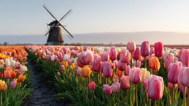 Colorful tulip field in bloom with a traditional windmill in the background under a clear sky during sunset in the Netherlands