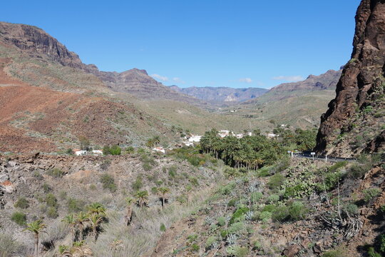 Berglandschaft mit Dorf und Palmenhain bei Fataga auf Gran Canaria