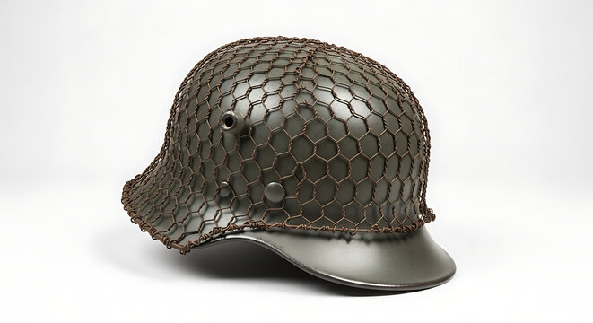 Vintage military combat helmet with camouflage net, isolated on a pristine white background