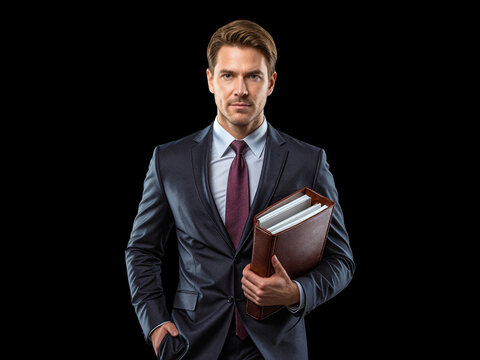 Professional Businessman Holding Notebook and Folder on Black Background Corporate Portrait