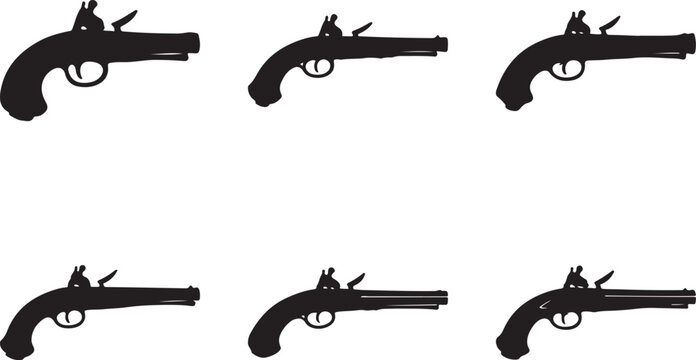 Antique flintlock pistol silhouette for historical reenactment silhouette vector
