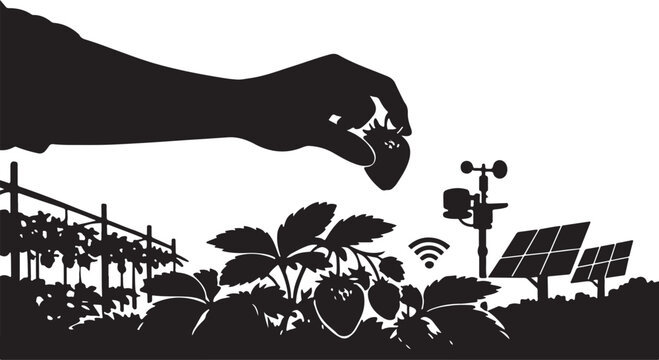 Arm hand harvesting fresh strawberry in smart farm silhouette vector