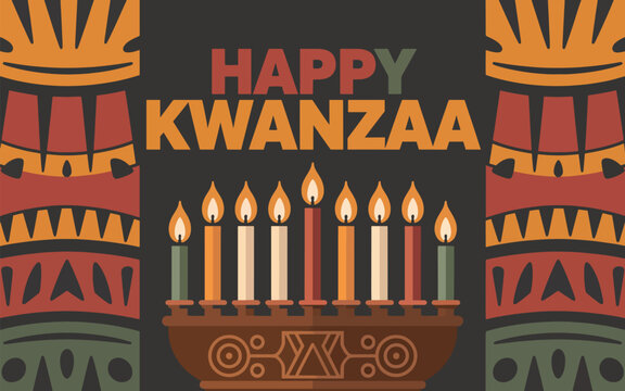 Happy Kwanzaa greeting card with a lit kinara candle holder and traditional African tribal patterns