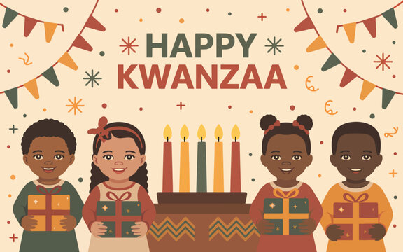 Happy Kwanzaa greeting with four children holding gifts and a kinara with lit candles, flat holiday
