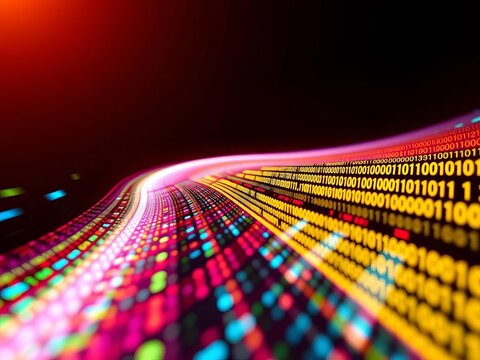 Conceptual image of a continuous flow of binary digits, suggesting speed and data transfer,  sequence,  computing