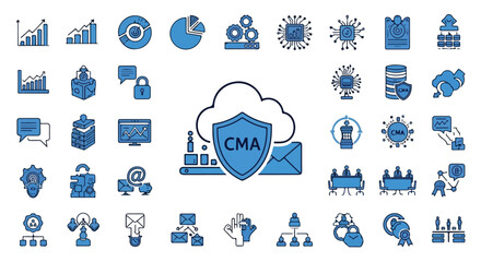 Fototapeta premium A collection of blue and white icons representing business data, cloud computing, and security concepts, centered on a CMA shield within a cloud.