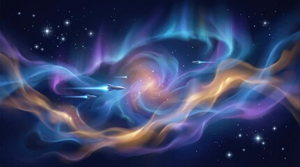 Obraz premium Futuristic spacecraft flying through a vibrant nebula with glowing blue, purple, and gold gas clouds and bright stars in deep space