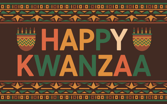 Happy Kwanzaa text with kinara candle holders and traditional African geometric border patterns