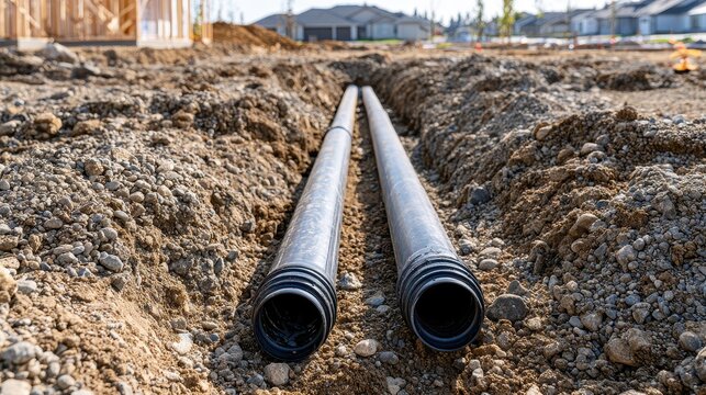 Two plastic utility pipes laid in a trench at a residential construction site