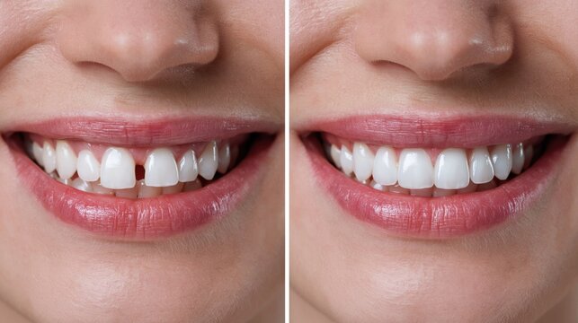 Dental before and after diastema closure treatment comparison of female smile