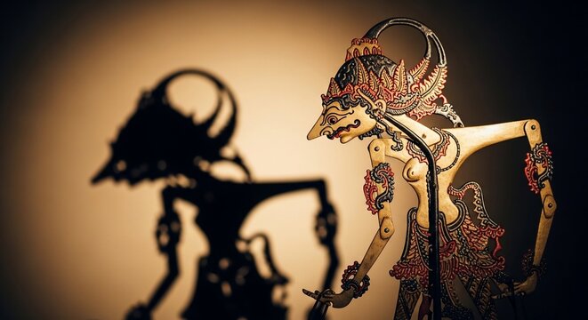 Wayang kulit shadow puppet with intricate carvings and golden details