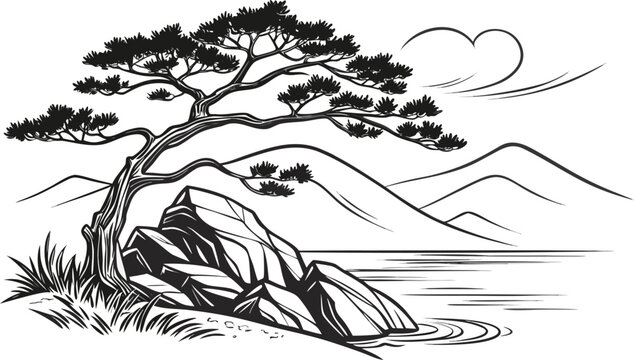 Detailed black and white of a gnarled pine tree growing on rocks by the water bonsai