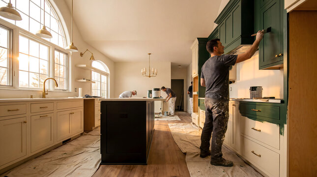 Painters renovating kitchen cabinets with dark green paint in bright home interior