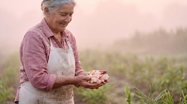 Senior woman farmer holding freshly harvested ginger root in misty field