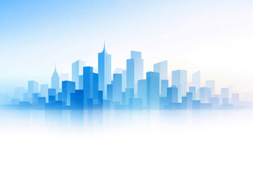 Fototapeta premium Minimalist blue cityscape with tall buildings and skyscrapers reflecting on a smooth surface against a bright white gradient sky