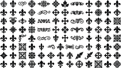 Massive Heraldic Ornament Collection Featuring Fleur De Lis Symbols, Royal Crests, Gothic Crosses, and Vintage Filigree Flourishes for Medieval and Luxury Branding Designs © MdGohurul