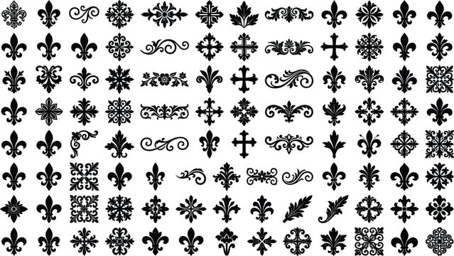 Massive Heraldic Ornament Collection Featuring Fleur De Lis Symbols, Royal Crests, Gothic Crosses, and Vintage Filigree Flourishes for Medieval and Luxury Branding Designs