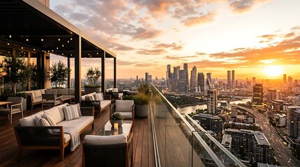 Obraz premium Rooftop terrace lounge with Moscow city skyline at sunset golden hour luxury skyscraper panorama view