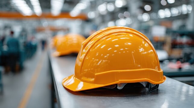 Yellow hard hats arranged on a metallic surface in an industrial workspace with blurred background showing equipment and machinery in a factory setting