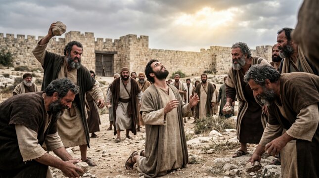 Martyrdom of saint Stephen in ancient Jerusalem. Angry crowd of men stoning Christian follower knelt in prayer as he looks into heaven to see glory of God. Biblical history scene.