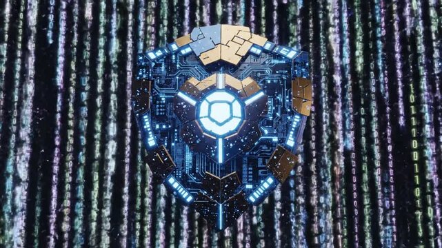 Futuristic humanoid robot soaring through abstract digital data environment