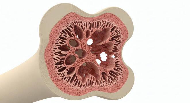 Medical illustration of human bone cross section showing osteoporosis